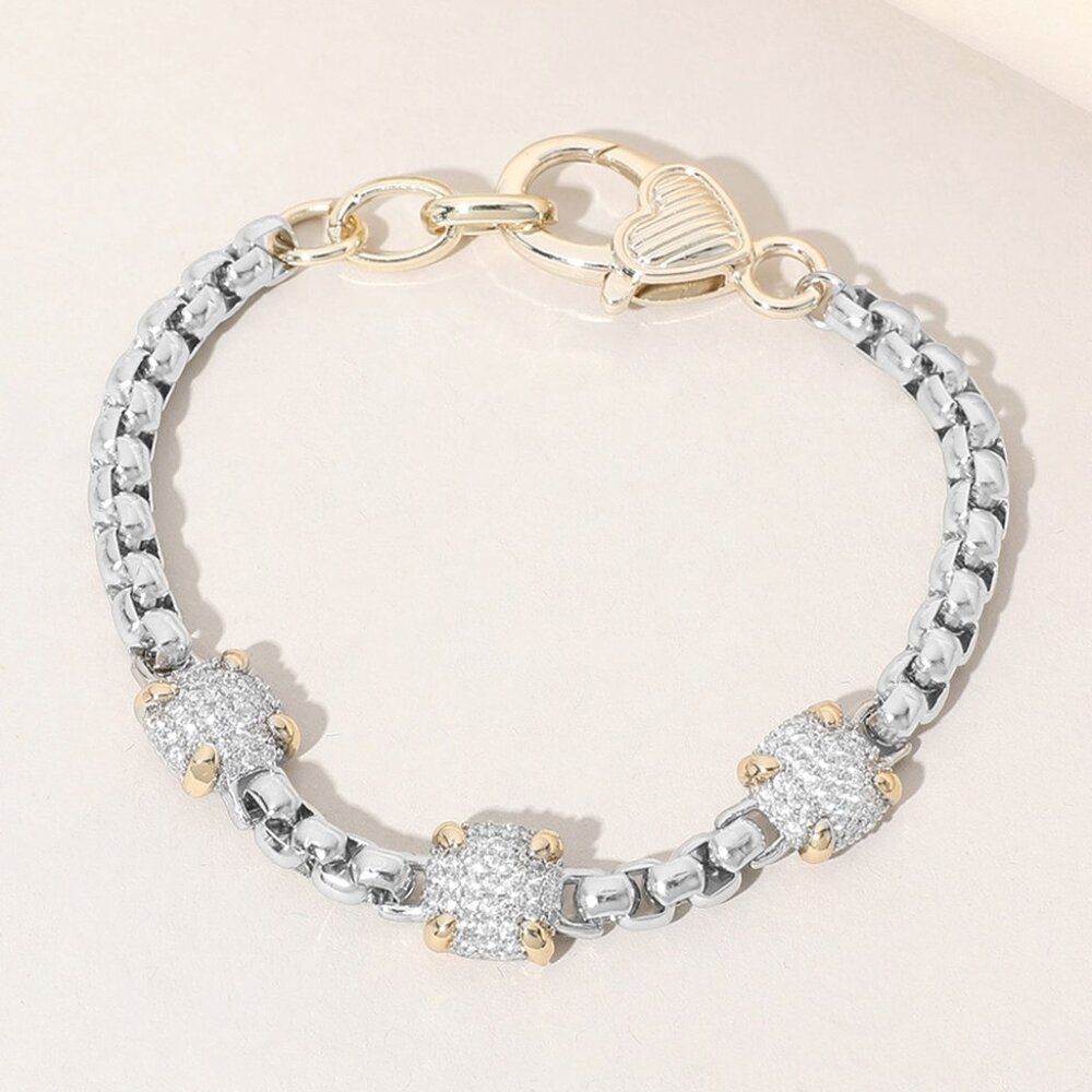 14K Gold Plated Two Tone CZ Stone Paved Triple Square Pointed Bracelet